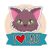 Ich liebe Katzen, lustiger Katzengesichts-Cartoon-Aufkleber vektor