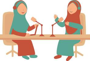 två muslim kvinnor Sammanträde på de tabell med mikrofoner. vektor illustration