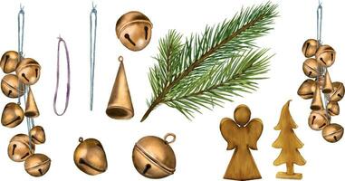 einstellen von Weihnachten Bronze- Glocken, Kiefer Zweig, hölzern Spielzeug Digital Illustration Aquarell Stil isoliert auf Weiß. Weihnachten Symbol, Dekoration Hand gezeichnet. Element zum Design Neu Jahr 2023, Gruß. vektor