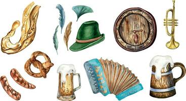 einstellen von hölzern Fass, Pint von Bier, Deutsche Hut, Akkordeon Aquarell Illustration isoliert auf Weiß. Brezel, Trompete, Bier Spritzen Hand gezeichnet. Design zum Bier Festival, brauen, Verpackung, Hintergrund. vektor