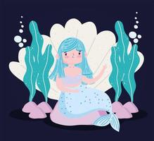 Meerjungfrau blaue Haare Cartoon Muschelsteine und Algen vektor