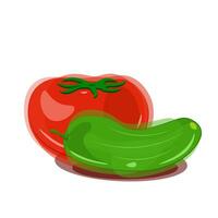 vektor grön gurka med slingor och skuggor och röd tomat med grön svans i vattenfärg stil på vit bakgrund.