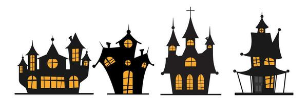 uppsättning av halloween svart slott med gul fönster. vektor illustration.