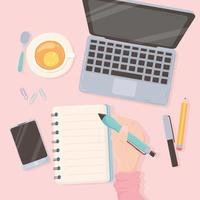 Arbeitsplatz Bürohand mit Stift Laptop Papiertelefon und Teetasse, Draufsicht Design vektor