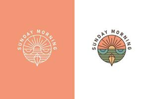 Illustration abstrakt von Sonnenaufgang und Eule Logo Konzept auf Kreis Form. Jahrgang kreativ branding Design Sonntag Morgen. vektor
