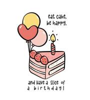 Hand gezeichnet Süss Rosa Geburtstag Kuchen Scheibe mit Kerze Gekritzel, feiern Party mit süß minimal Kuchen Illustration perfekt zum Gruß Karten. vektor