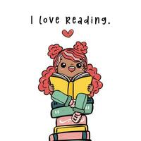 ein heiter Lächeln Bücherwurm schwarz Mädchen lesen ein Buch auf ein Stapel von Bücher, Karikatur Hand Zeichnung Gekritzel einfach und hell Stil. vektor
