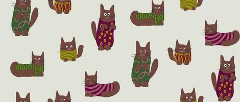 nahtlos Muster komisch Katzen im Kleidung. Vektor Illustration im Karikatur Stil. eben Zeichen von Katzen.