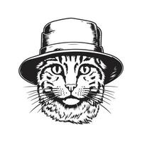 katt med hink hatt, årgång logotyp linje konst begrepp svart och vit Färg, hand dragen illustration vektor