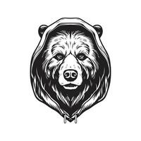 Grizzly Bär mit Kapuze, Jahrgang Logo Linie Kunst Konzept schwarz und Weiß Farbe, Hand gezeichnet Illustration vektor