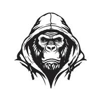 gorilla bär luvtröja, årgång logotyp linje konst begrepp svart och vit Färg, hand dragen illustration vektor