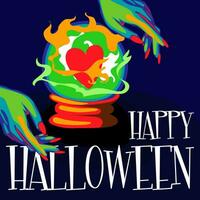 illustration av en häxans händer med en magi boll, en förutsägelse av kärlek och de inskrift Lycklig halloween för en fest inbjudan kort, affisch. de dag av de död- baner. utskrift i ljus färger vektor