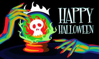 Illustration von ein Hexe Hände mit ein Magie Ball, ein Prognose von Tod und das Inschrift glücklich Halloween zum ein Party Einladung Karte, Poster. das Tag von das tot Banner. Drucken im hell Farben vektor