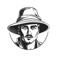 Mann tragen Eimer Hut, Jahrgang Logo Linie Kunst Konzept schwarz und Weiß Farbe, Hand gezeichnet Illustration vektor