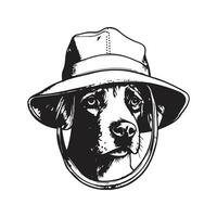 Hund tragen Eimer Hut, Jahrgang Logo Linie Kunst Konzept schwarz und Weiß Farbe, Hand gezeichnet Illustration vektor
