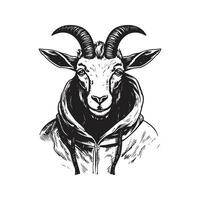 Ziege tragen Kapuzenpullover, Jahrgang Logo Linie Kunst Konzept schwarz und Weiß Farbe, Hand gezeichnet Illustration vektor