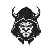 Teufel mit Kapuze, Jahrgang Logo Linie Kunst Konzept schwarz und Weiß Farbe, Hand gezeichnet Illustration vektor