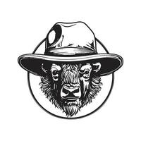 bison huvud i hink hatt, årgång logotyp linje konst begrepp svart och vit Färg, hand dragen illustration vektor