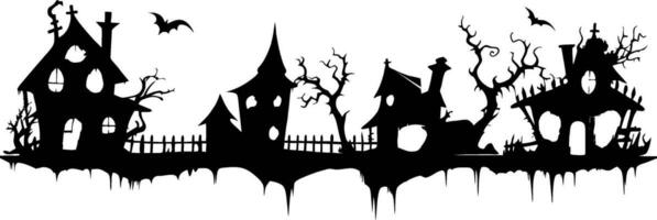 Halloween Häuser. gruselig Dorf. schwarz Silhouetten von Häuser und Bäume auf ein Weiß Hintergrund. Vektor Illustration.