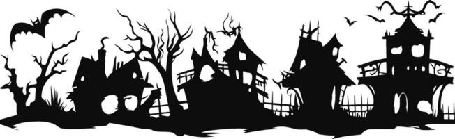 Halloween Häuser. gruselig Dorf. schwarz Silhouetten von Häuser und Bäume auf ein Weiß Hintergrund. Vektor Illustration.