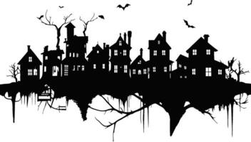 klein Karikatur Stadt, Dorf Silhouette Häuser Bäume schwarz und Weiß. Vektor Illustration mit Fee Stadt, Dorf Silhouette. Halloween Dorfbewohner Silhouette Vektor Illustration.