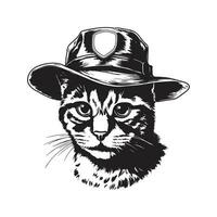 Katze tragen erkunden Hut, Jahrgang Logo Linie Kunst Konzept schwarz und Weiß Farbe, Hand gezeichnet Illustration vektor