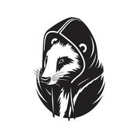 Skunk tragen Kapuzenpullover, Jahrgang Logo Linie Kunst Konzept schwarz und Weiß Farbe, Hand gezeichnet Illustration vektor