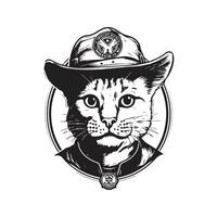 Katze tragen erkunden Hut, Jahrgang Logo Linie Kunst Konzept schwarz und Weiß Farbe, Hand gezeichnet Illustration vektor
