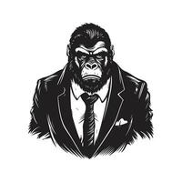 gorilla bär kostym, årgång logotyp linje konst begrepp svart och vit Färg, hand dragen illustration vektor