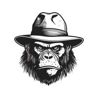 Gorilla tragen Hut, Jahrgang Logo Linie Kunst Konzept schwarz und Weiß Farbe, Hand gezeichnet Illustration vektor