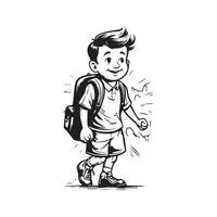 barn med ryggsäck, årgång logotyp linje konst begrepp svart och vit Färg, hand dragen illustration vektor