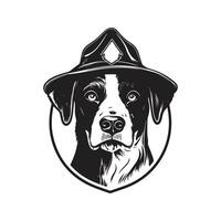 Hund tragen Junge erkunden Hut, Jahrgang Logo Linie Kunst Konzept schwarz und Weiß Farbe, Hand gezeichnet Illustration vektor