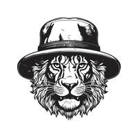 Löwe tragen Eimer Hut, Jahrgang Logo Linie Kunst Konzept schwarz und Weiß Farbe, Hand gezeichnet Illustration vektor