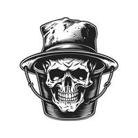 Schädel tragen Eimer Hut, Jahrgang Logo Linie Kunst Konzept schwarz und Weiß Farbe, Hand gezeichnet Illustration vektor