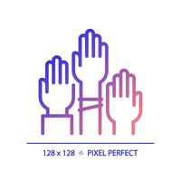 Pixel perfekt Gradient Symbol von Menschen mit Hände angehoben Darstellen Wählen, isoliert Vektor Illustration, Wähler Symbol.