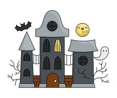 Vektor kawaii verfolgt Haus. süß Halloween Gebäude zum Kinder. komisch Herbst alle Heilige Tag Karikatur unheimlich Illustration. Samhain Party gespenstisch Hütte Symbol mit Mond, Geist, Schläger zum Kinder