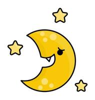 Vektor kawaii Hälfte Mond. süß lächelnd Halloween Charakter zum Kinder. komisch Herbst alle Heilige Tag Karikatur unheimlich Planet mit Sterne Illustration. Samhain Party Symbol zum Kinder