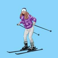 flicka spela åka skidor sport i berg vinter- snöar på semester resa vektor