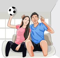 man kvinna par tillsammans tittar på fotboll match glädjande vinnande Lycklig ögonblick vektor