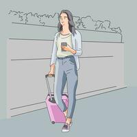 ung kvinna bärande bagage på resa semester gående reser Lycklig ser till riktning vektor