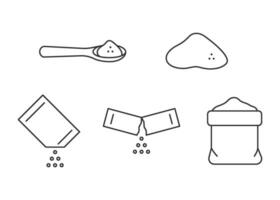 Pulver im Beutel Paket, Sack Mehl, Linie Symbol Satz. öffnen Papier Pack Stock mit Salz, Zucker im Teelöffel, Hefe Pulver, Pulver. löslich Tasche Beutel Essen von Backen Zutaten. Vektor Illustration