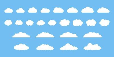 vit moln form på blå himmel uppsättning, väder ikon. enkel platt stil av annorlunda moln. grafisk element samling för webb och skriva ut. vektor illustration
