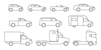 bilar och lastbilar modell linje ikoner uppsättning. egen passagerare transport, bil för leverans och logistisk lastbil. sändning service, frakt transport, bil för resa. vektor tecken översikt illustration