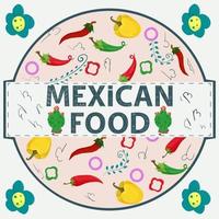 Banner-Label runde Illustration in einem flachen Design zum Thema mexikanische Lebensmittelinschrift nennen alle Lebensmittelelemente rote und grüne Paprika in einem Kreis vektor