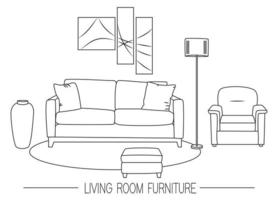 Illustration des modernen Wohnzimmers mit verschiedenen Möbeln. Vektorlinie Vorlage. Banner- oder Flyerkonzept für Möbelgeschäfte.