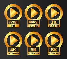 Video Qualität Abzeichen im Gold Farbe auf schwarz Hintergrund. hd, voll hd, 2k, 4k, 6k und 8 Tausend. Vektor Illustration.