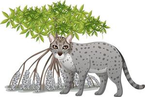 Fischerkatze mit Mangrovenbaum im Cartoon-Stil auf weißem Hintergrund vektor
