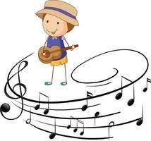 Cartoon kritzelt einen Jungen, der Gitarre oder Ukulele mit Melodiesymbolen spielt vektor
