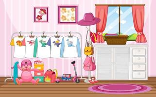 barnkläder på en klädstreck med många leksaker i rumsscenen vektor