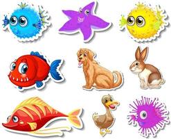 uppsättning klistermärken med havsdjur och hundar seriefigur vektor